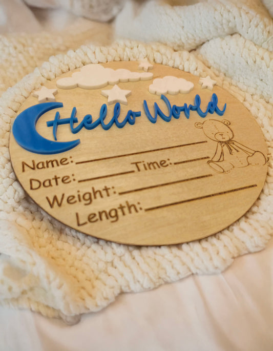 Hello World Baby Stats Wood Plaque – 6"