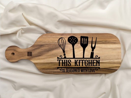 "This Kitchen is Seasoned with Love" Engraved Teak Cutting Board