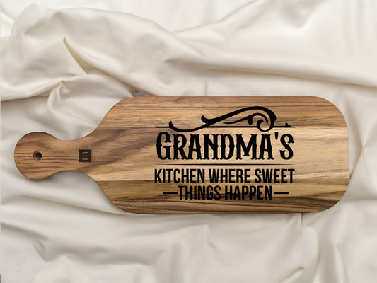 "Grandmas Kitchen Where Sweet Things Happen" Engraved Teak Cutting Board