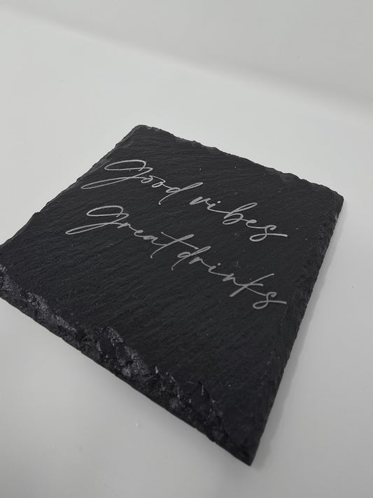 Engraved Slate Coaster Set 'Good Vibes Good Drinks' - Personalized Housewarming Gift, Custom Home Decor, set of 4 Slate coasters